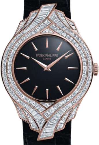 Patek Philippe Calatrava Ladies 34mm Black Index Rose Gold Diamond Set Leather Manual | 4895R - 001 - Luxury Time NYC