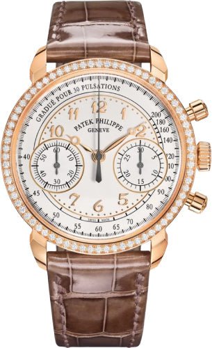 Patek Philippe Complications 38mm Chronograph Rose Gold Silver Opaline Dial Diamond Bezel - 7150/250R - 001 - Luxury Time NYC