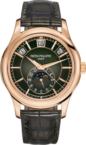 Patek Philippe Complications Annual Calendar Moon Phases Rose Gold Olive Green Dial | 5205R - 011 - Luxury Time NYC