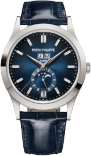 Patek Philippe Complications Annual Calendar Moon Phases White Gold Blue Baguette Diamond Dial | 5396G - 017 - Luxury Time NYC