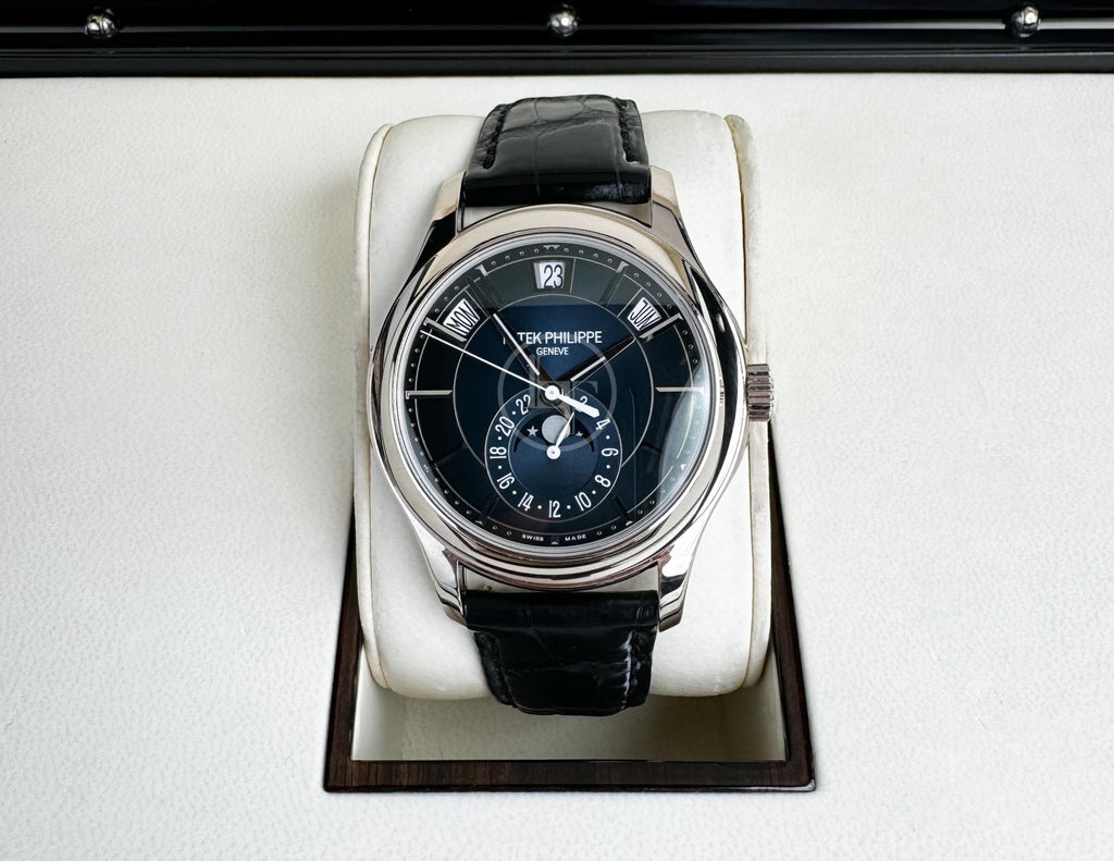 Patek Philippe Complications Annual Calendar Moon Phases - White Gold - Blue Sunburst Dial - 5205G - 013 - Luxury Time NYC