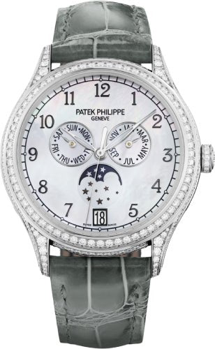 Patek Philippe Complications Annual Calendar Moon Phases White Gold White Mother of Pearl Dial Diamond Bezel 38mm - 4948G - 010 - Luxury Time NYC