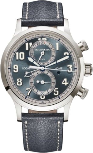 Patek Philippe Complications Calatrava Pilot Travel Time Chronograph White Gold Blue - Gray Dial | 5924G - 001 - Luxury Time NYC