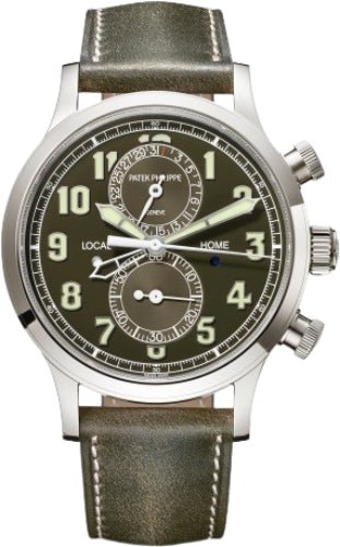 Patek Philippe Complications Calatrava Pilot Travel Time Chronograph White Gold Khaki Green Dial | 5924G - 010 - Luxury Time NYC