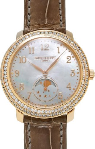 Patek Philippe Complications Diamond Ribbon Joaillerie Moon Phase Manual Winding Rose Gold Diamond Bezel 33.3mm White Mother of Pearl Dial Alligator Leather Strap | 4968R - 001 - Luxury Time NYC