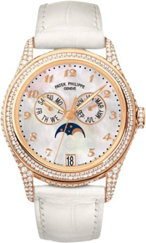 Patek Philippe Complications Ladies Annual Calendar Moon Phase 37mm White Mother of Pearl Arabic Rose Gold Diamond Set Leather Date | 4937R - 001 - Luxury Time NYC