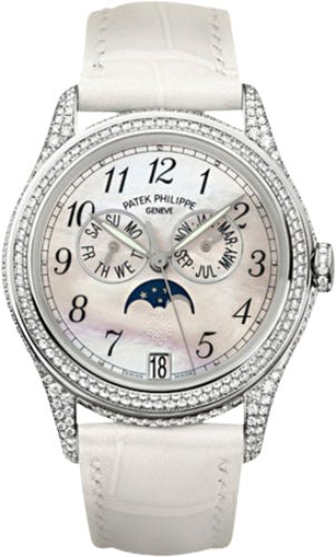 Patek Philippe Complications Ladies Annual Calendar Moon Phase 37mm White Mother of Pearl Arabic White Gold Diamond Set Leather Date | 4937G - 001 - Luxury Time NYC