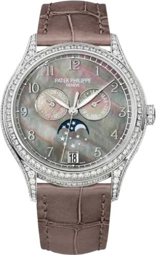 Patek Philippe Complications Ladies Annual Calendar Moon Phase 38mm Black Tahitian Mother of Pearl Arabic White Gold Diamond Set Leather Automatic | 4948G - 001 - Luxury Time NYC