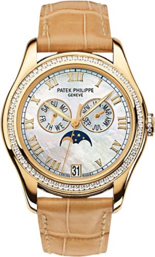 Patek Philippe Complications Ladies Annual Calendar Moon Phase White Mother of Pearl 37mm Roman Diamond Bezel Yellow Gold Leather Date | 4936J - 001 - Luxury Time NYC