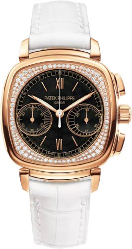 Patek Philippe Complications Ladies Chronograph 35 x 39mm Black Guilloche Roman Rose Gold Diamond Set Leather Manual | 7071R - 010 - Luxury Time NYC