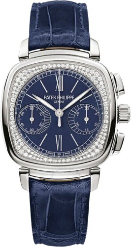 Patek Philippe Complications Ladies Chronograph 35 x 39mm Blue Opaline Roman White Gold Diamond Set Leather Manual | 7071G - 011 - Luxury Time NYC