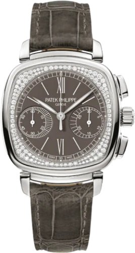 Patek Philippe Complications Ladies Chronograph 35 x 39mm Grey Opaline Roman White Gold Diamond Set Leather Manual | 7071G - 010 - Luxury Time NYC