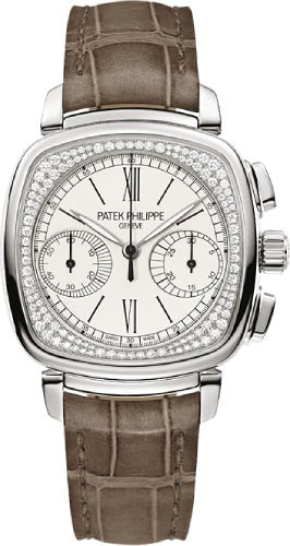 Patek Philippe Complications Ladies Chronograph 35 x 39mm Silver Opaline Roman White Gold Diamond Set Leather Manual | 7071G - 001 - Luxury Time NYC