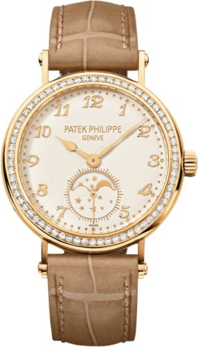 Patek Philippe Complications Moon Phase Manual Ladies Yellow Gold Diamond Bezel 33mm Cream Dial Alligator Leather Strap | 7121J - 001 - Luxury Time NYC