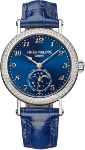 Patek Philippe Complications Moon Phases White Gold Blue Dial 33mm Diamond Bezel | 7121/200G - 001 - Luxury Time NYC