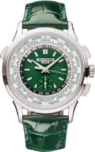 Patek Philippe Complications World Time 39.5 mm Flyback Chronograph Platinum Green Dial - 5930P - 001 - Luxury Time NYC