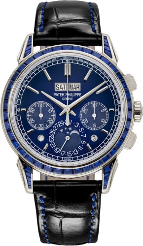 Patek Philippe Grand Complications Chronograph Perpetual Calendar Platinum Sapphire Set Blue Dial | 5271/11P - 010 - Luxury Time NYC