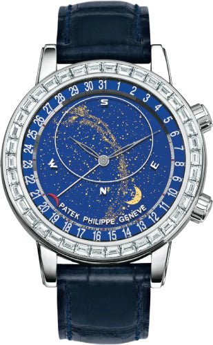 Patek Philippe Grand Complications Date Chronograph Blue Sky Chart 44mm Baguette Bezel White Gold Leather Manual | 6104G - 001 - Luxury Time NYC