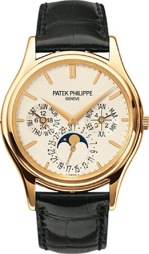 Patek Philippe Grand Complications Day - Date Annual Calendar Moon Phase 37.2mm White Opaline Index Yellow Gold Leather Automatic | 5140J - 001 - Luxury Time NYC