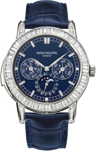 Patek Philippe Grand Complications Day - Date Annual Calendar Moon Phase 42mm Blue Index Platinum Diamond Set Automatic | 5073P - 010 - Luxury Time NYC