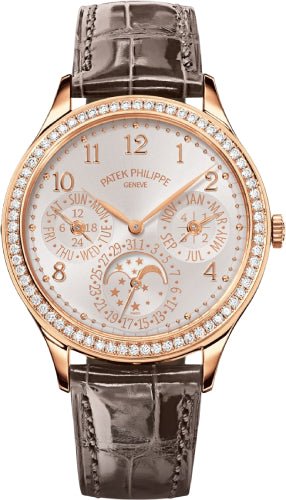 Patek Philippe Grand Complications Ladies First Perpetual Calendar Rose Gold Silver Dial Diamond Bezel | 7140R - 001 - Luxury Time NYC