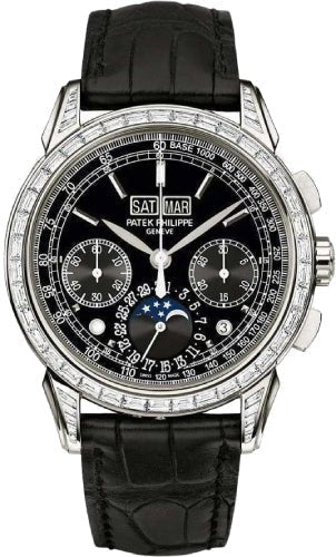 Patek Philippe Grand Complications Perpetual Calendar Moon Phases Chronograph Platinum Diamond Baguette Black | 5271P - 001 - Luxury Time NYC