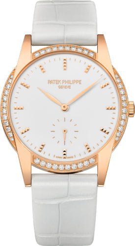 Patek Philippe Ladies Calatrava 33mm White Hobnail Index Diamond Bezel Rose Gold Leather - 7122 - 200R - 001 - Luxury Time NYC