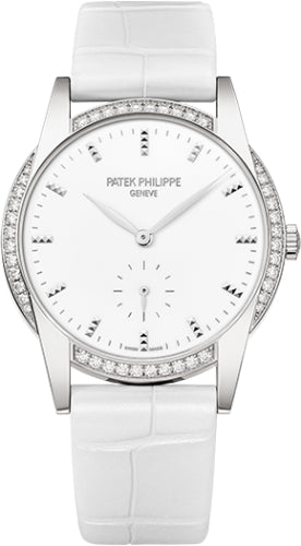 Patek Philippe Ladies Calatrava 33mm White Hobnail Index Diamond Bezel White Gold Leather - 7122 - 200G - 001 - Luxury Time NYC