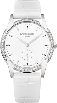 Patek Philippe Ladies Calatrava 33mm White Hobnail Index Diamond Bezel White Gold Leather - 7122 - 200G - 001 - Luxury Time NYC