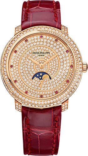 Patek Philippe Ladies Complications 33.3mm Diamond Paved Dial and Bezel Rose Gold Leather - 4968 - 400R - 001 - Luxury Time NYC