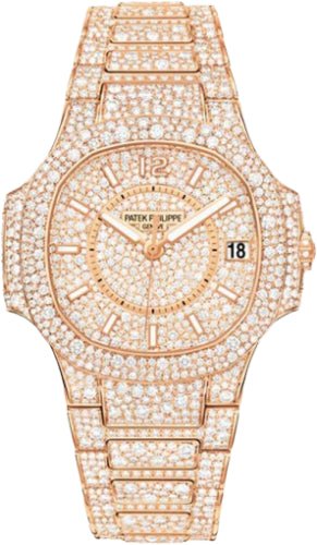 Patek Philippe Ladies Nautilus 33.6mm Diamond Index Rose Gold Diamond Set | 7021/1R - Luxury Time NYC