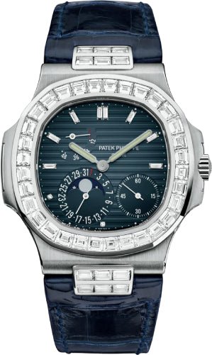 Patek Philippe Nautilus 40mm Black - Blue Baguette Diamond Bezel Moon Phase Date White Gold Leather Automatic | 5724G - 001 - Luxury Time NYC