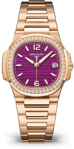 Patek Philippe Nautilus Date Sweep Seconds Quartz Rose Gold/Diamonds Lacquered Purple Dial 7010/1R-013 - Luxury Time NYC