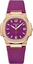 Load image into Gallery viewer, Patek Philippe Nautilus Date Sweep Seconds Quartz Rose Gold/Diamonds Lacquered Purple Dial Fabric Strap | 7010R - 013 - Luxury Time NYC