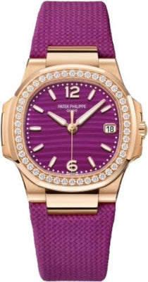 Patek Philippe Nautilus Date Sweep Seconds Quartz Rose Gold/Diamonds Lacquered Purple Dial Fabric Strap | 7010R - 013 - Luxury Time NYC