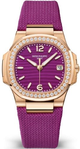 Patek Philippe Nautilus Date Sweep Seconds Quartz Rose Gold/Diamonds Lacquered Purple Dial Fabric Strap 7010R - 013 - Luxury Time NYC