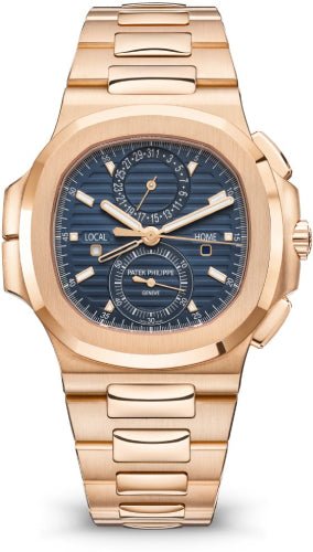 Patek Philippe Nautilus Flyback Chronograph Travel Time Rose Gold Blue Dial 5990/1R-001 - Luxury Time NYC
