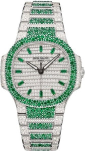 Patek Philippe Nautilus Haute Joaillerie White Gold Set With Emeralds & Diamonds | 7118/1453G - 001 - Luxury Time NYC