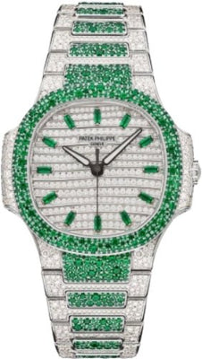 Patek Philippe Nautilus Haute Joaillerie White Gold Set With Emeralds & Diamonds | 7118/1453G - 001 - Luxury Time NYC