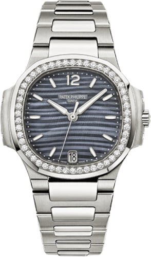 Patek Philippe Nautilus Ladies 33.6mm Blue Stainless Steel Mother of Pearl Index Diamond Bezel Date | 7018/1A - 010 - Luxury Time NYC