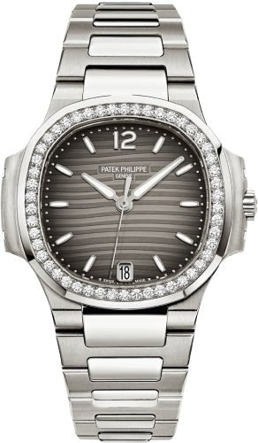 Patek Philippe Nautilus Ladies 33.6mm Charcoal Index Diamond Bezel Stainless Steel Date | 7018/1A - 011 - Luxury Time NYC