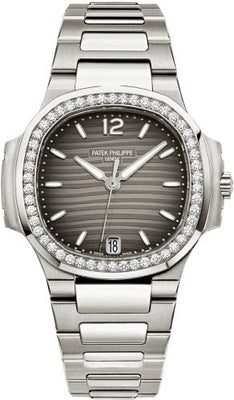 Patek Philippe Nautilus Ladies 33.6mm Charcoal Index Diamond Bezel Stainless Steel Date | 7018/1A - 011 - Luxury Time NYC