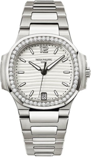 Patek Philippe Nautilus Ladies 33.6mm Silver Index Diamond Bezel Stainless Steel Diamond Set Date | 7018/1A - 001 - Luxury Time NYC