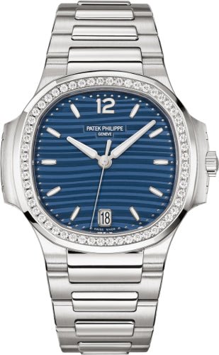 Patek Philippe Nautilus Ladies Stainless Steel Blue Dial Diamond Bezel | 7118/1200A - 001 - Luxury Time NYC