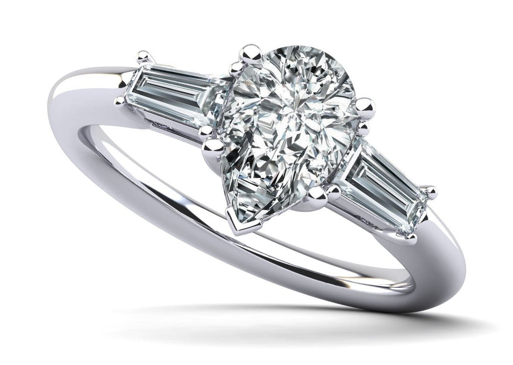 Pear and Baguette Three Stone Diamond Engagement Ring with 0.76 ct. (0.50 ct. center diamond) - Luxury Time NYC