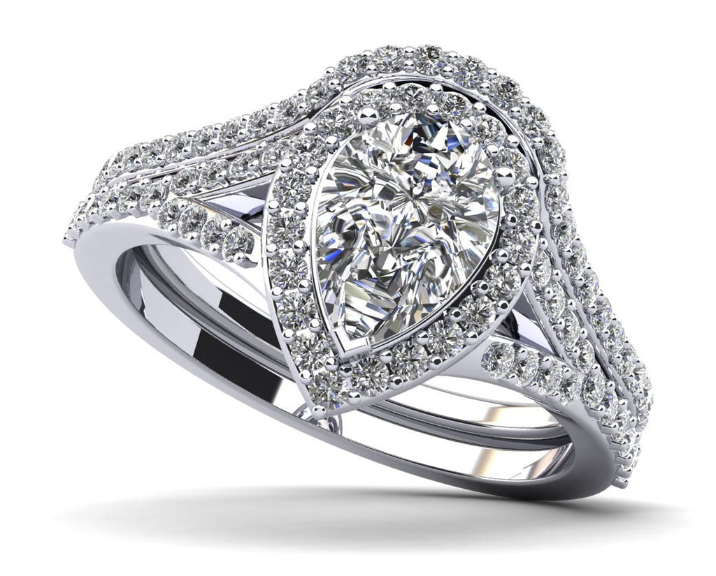 Pear Shape Halo Diamond Bridal Set Diamond with 1.62 ct. (1.00 ct. center diamond) - Luxury Time NYC