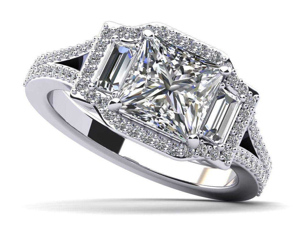 Princess and Baguettes Halo Diamond Engagement Ring with 0.94 ct. (0.50 ct. center diamond) - Luxury Time NYC