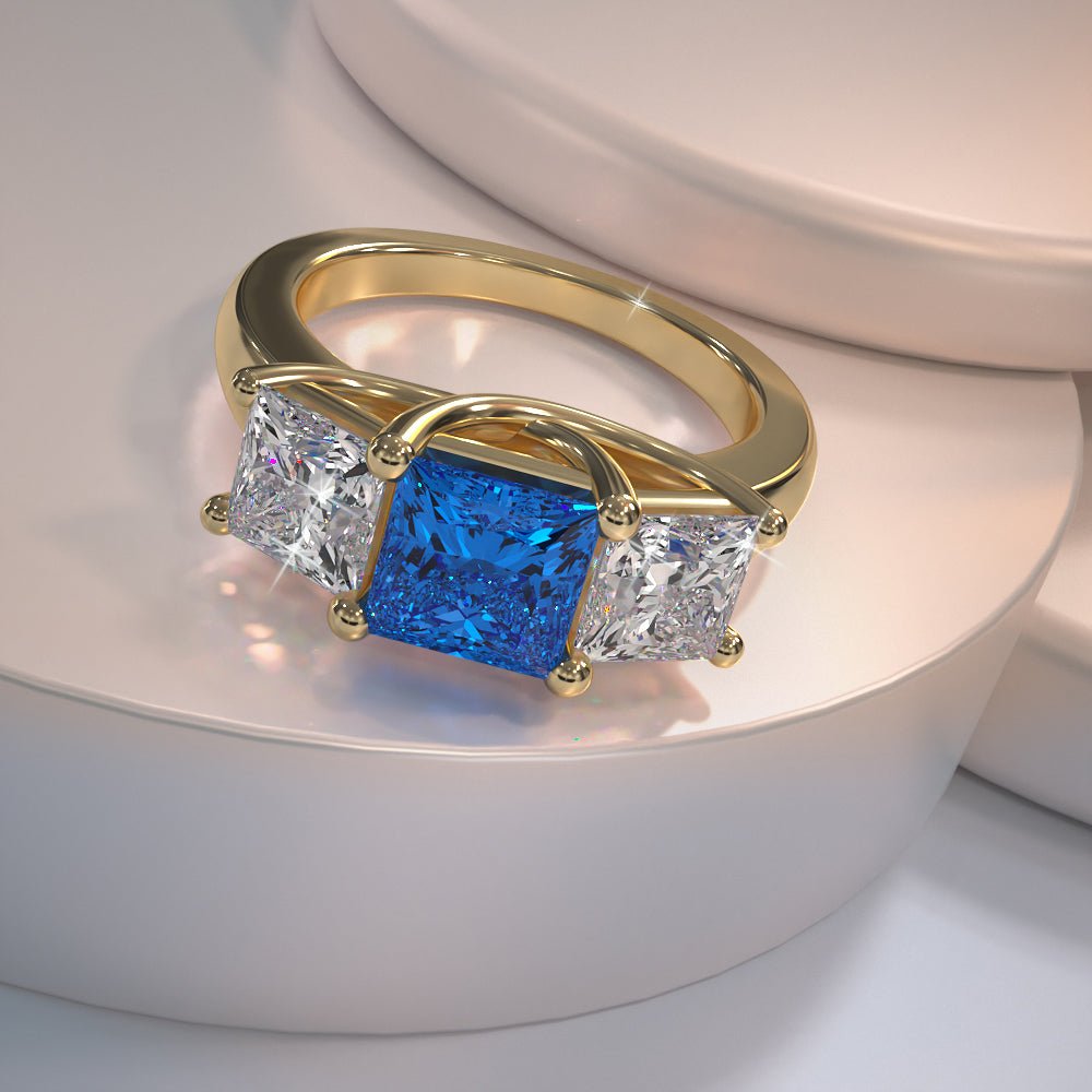 Princess Cut Swirl Three Stone Diamond Ring with 1.00 ct.(finished) 3.4mm, 4.5mm Sapphire - Luxury Time NYC