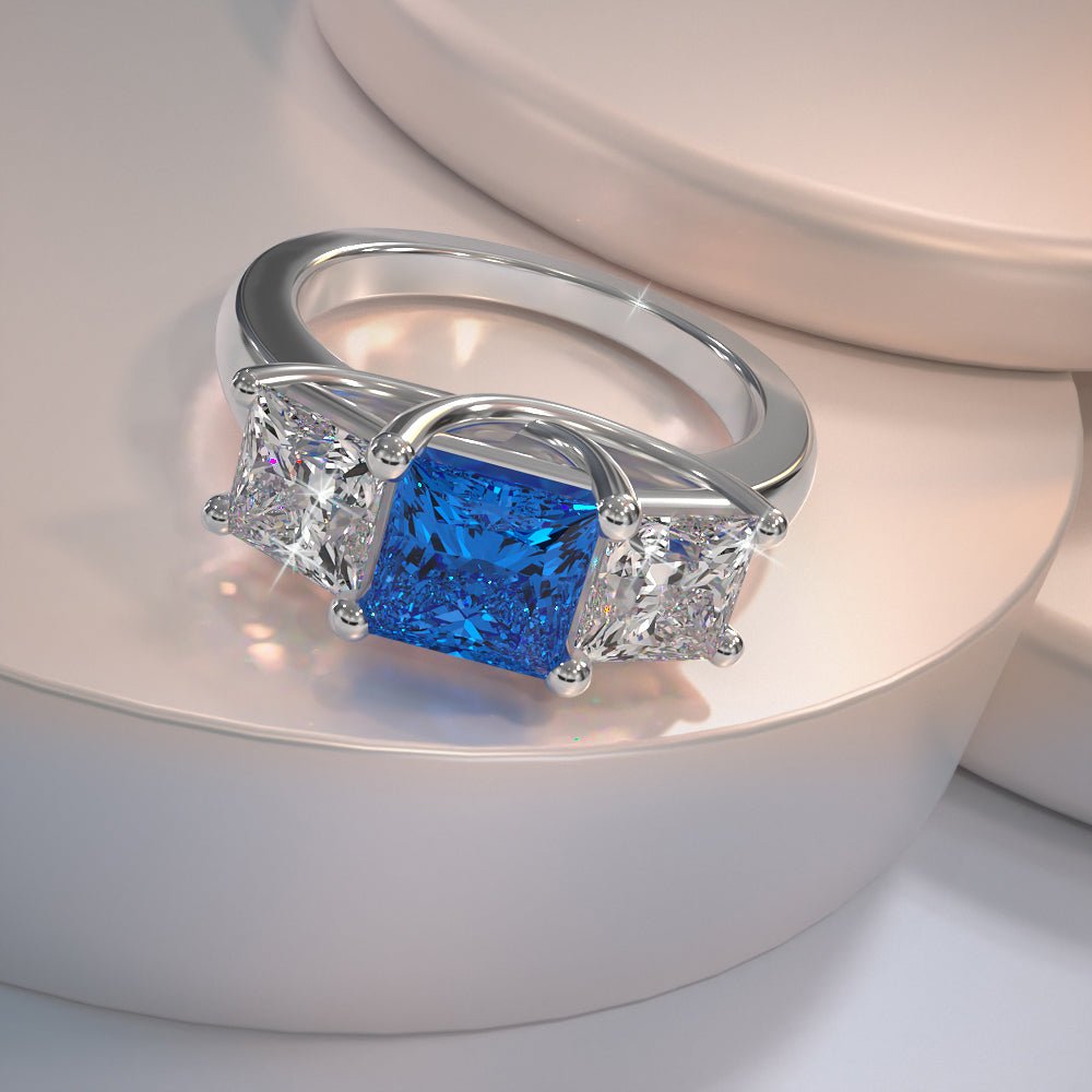 Princess Cut Swirl Three Stone Diamond Ring with 1.00 ct.(finished) 3.4mm, 4.5mm Sapphire - Luxury Time NYC