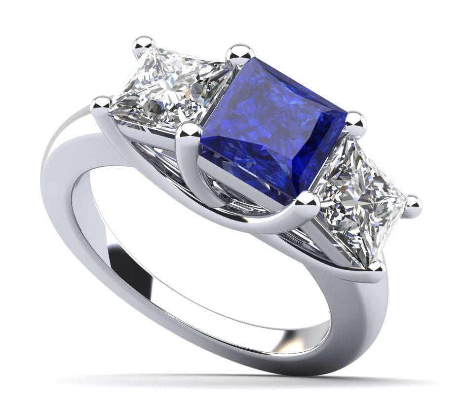 Princess Cut Swirl Three Stone Diamond Ring with 1.00 ct.(finished) 3.4mm, 4.5mm Sapphire - Luxury Time NYC